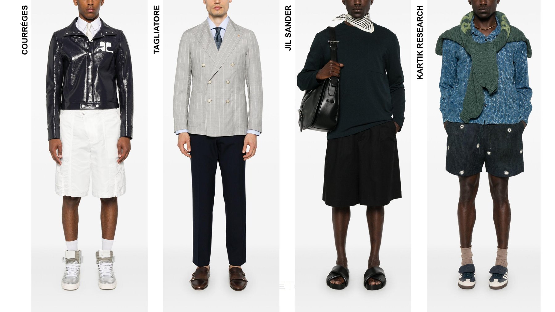 Seleção de roupa de homem — Courrèges, Tagliatore, Jil Sander, Kartik Research
